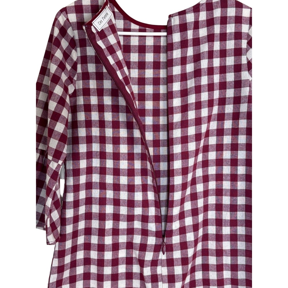 Ces Femme Shift Dress Womens Medium Burgundy Gingham Plaid Bell Sleeve Ruffle - Picture 4 of 9